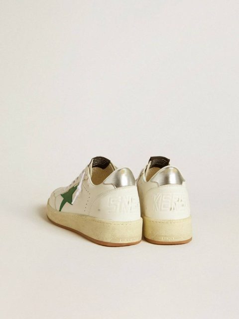White Golden Goose Ball Star Men's Ball Star With Green Leather Star And Metallic Leather Heel Tab Men - Image 4