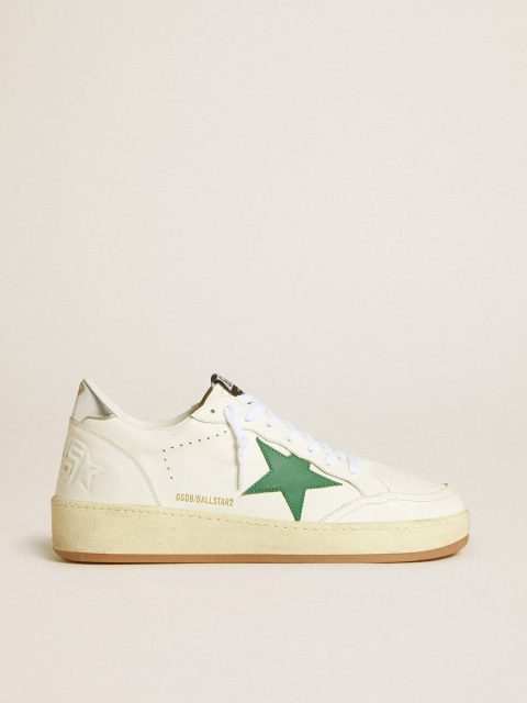White Golden Goose Ball Star Men's Ball Star With Green Leather Star And Metallic Leather Heel Tab Men