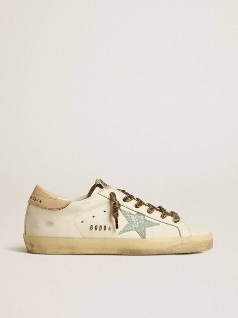 White Golden Goose Women's Super-Star With Gray Glitter Star And Nude Leather Heel Tab Super-Star Women