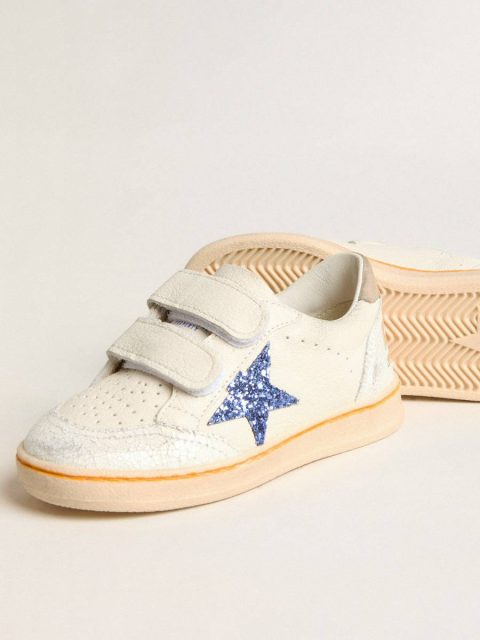White Golden Goose Young Ball Star With Blue Glitter Star And Beige Suede Heel Tab Girls (4-10 Years) Kids - Image 3