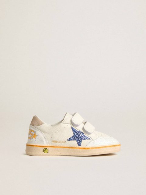 White Golden Goose Young Ball Star With Blue Glitter Star And Beige Suede Heel Tab Girls (4-10 Years) Kids