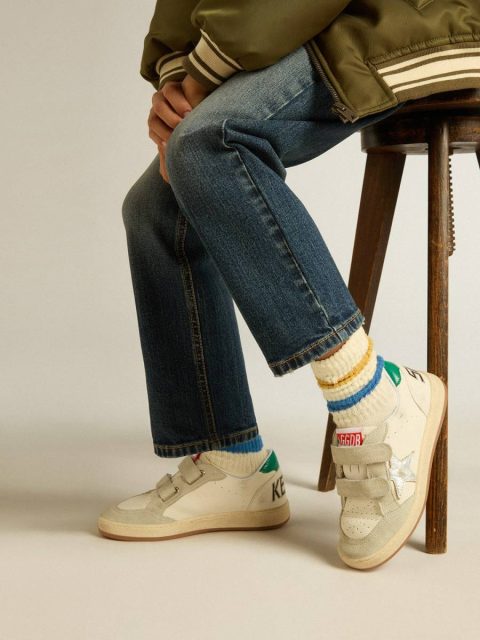 White Kids Junior Ball Star With Silver Star And Green Suede Heel Tab Little Boys (1-3 Years) Golden Goose - Image 3