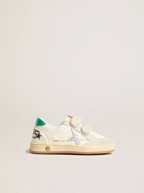 White Kids Junior Ball Star With Silver Star And Green Suede Heel Tab Little Boys (1-3 Years) Golden Goose