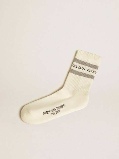 White Socks With Distressed Details And Gray Stripes Golden Goose Socks White Women