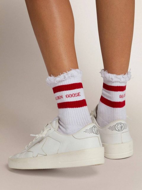 White Socks With Distressed Details And Red Stripes Women Golden Goose Socks White - Image 3