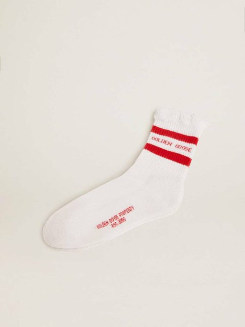 White Socks With Distressed Details And Red Stripes Women Golden Goose Socks White