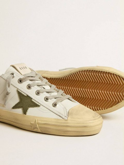 White V-Star Men Men's V-Star In White Leather With Green Canvas Star Golden Goose - Image 3