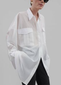 White Women Laure Oversized Sheer Button Up Shirt - White The Frankie Shop Tops - Image 3