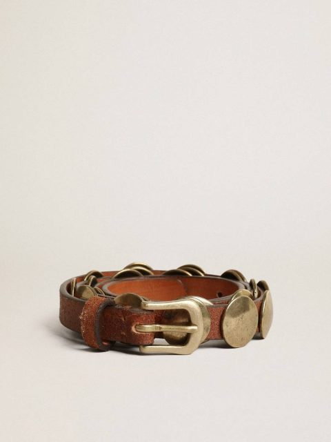 Women Aged Tan Trinidad Belt In Aged Tan-Colored Leather With Golden Maxi Studs Belts Golden Goose