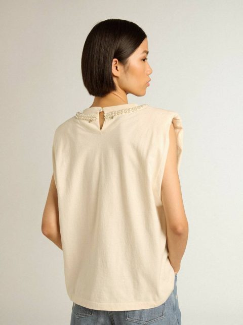 Women Aged White Sleeveless T-Shirt With Pearl Embroidery Aged White T-Shirts & Tops Golden Goose - Image 4