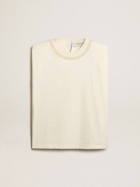 Women Aged White Sleeveless T-Shirt With Pearl Embroidery Aged White T-Shirts & Tops Golden Goose
