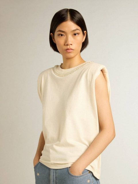 Women Aged White Sleeveless T-Shirt With Pearl Embroidery Aged White T-Shirts & Tops Golden Goose - Image 5