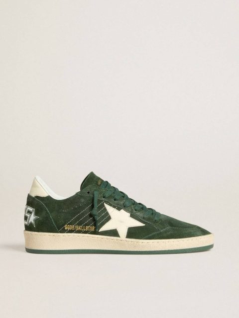 Women Ball Star Women's Ball Star In Green Suede With White Leather Star And Heel Tab Golden Goose
