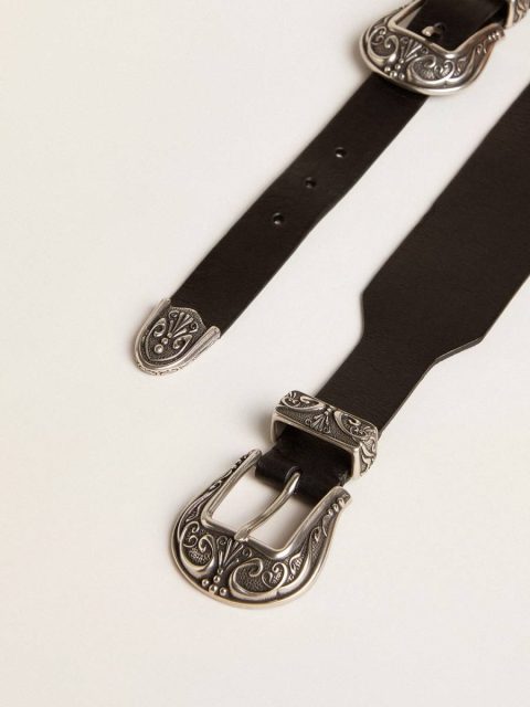 Women Black Belt In Washed Leather With Silver-Colored Double Buckle Belts Golden Goose Black - Image 2