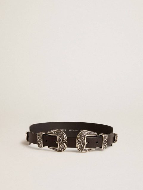 Women Black Belt In Washed Leather With Silver-Colored Double Buckle Belts Golden Goose Black