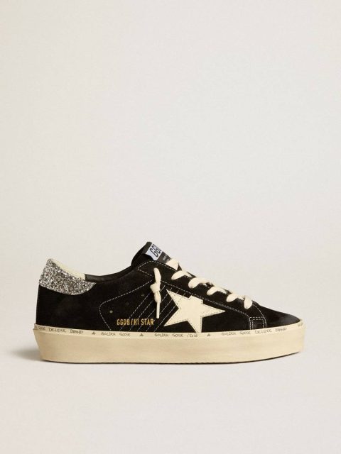 Women Black Golden Goose Hi Star Women’s Hi Star In Black Leather With Silver Glitter Heel Tab