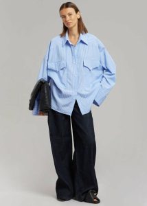 Women Blue Tops The Frankie Shop Orson Pocket Shirt - Blue Stripe - Image 3