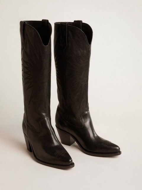 Women Boots Golden Goose Women's Wish Star Boots In Black Leather With Star Embroidery Black - Image 2