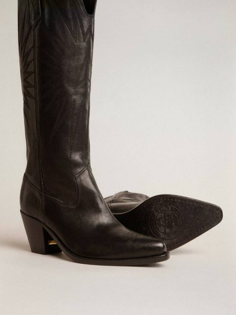 Women Boots Golden Goose Women's Wish Star Boots In Black Leather With Star Embroidery Black - Image 4