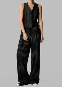 Women Bottoms Black Holland Pleated Trousers - Black/White Pinstripe The Frankie Shop - Image 2