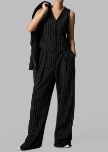 Women Bottoms Black Holland Pleated Trousers - Black/White Pinstripe The Frankie Shop - Image 5