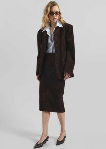 Women Brown Salnor Suede Midi Skirt - Dark Brown Bottoms The Frankie Shop - Image 4