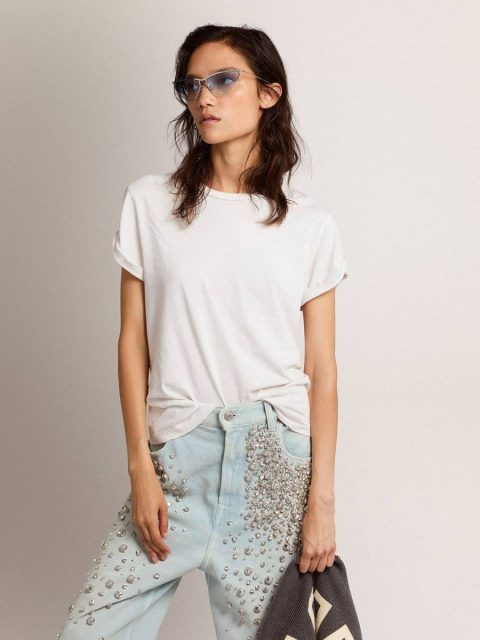 Women Distressed Regular-Fit Women’s T-Shirt In White T-Shirts & Tops White Golden Goose - Image 2