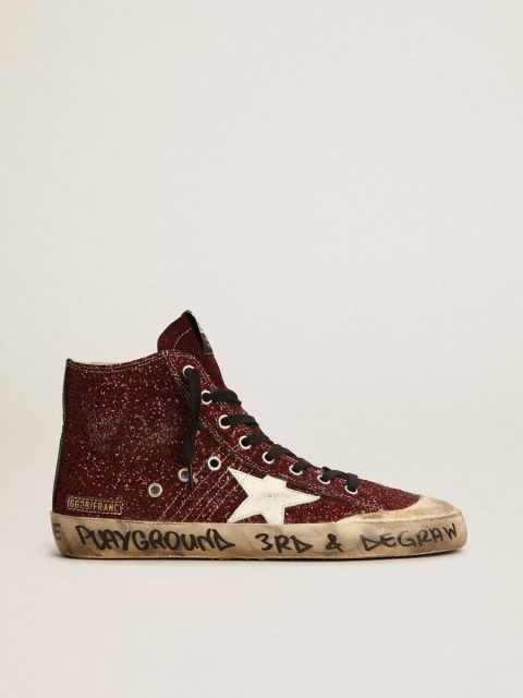 Women Francy Penstar In Burgundy Glitter With White Leather Star Francy Golden Goose