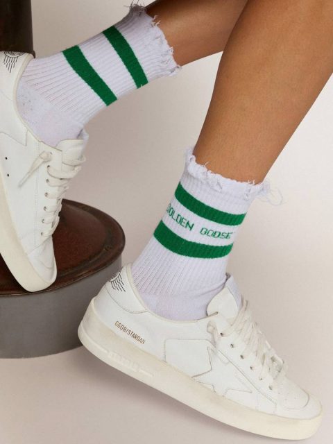 Women Golden Goose Cotton Socks With Distressed Finishes, Green Stripes And Logo Socks - Image 3