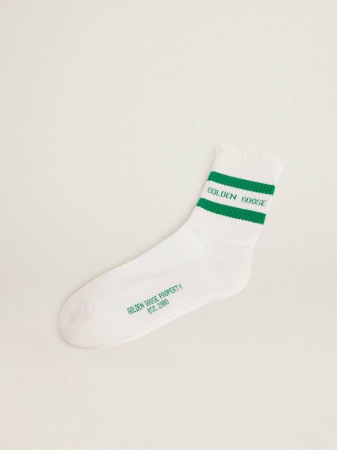 Women Golden Goose Cotton Socks With Distressed Finishes, Green Stripes And Logo Socks