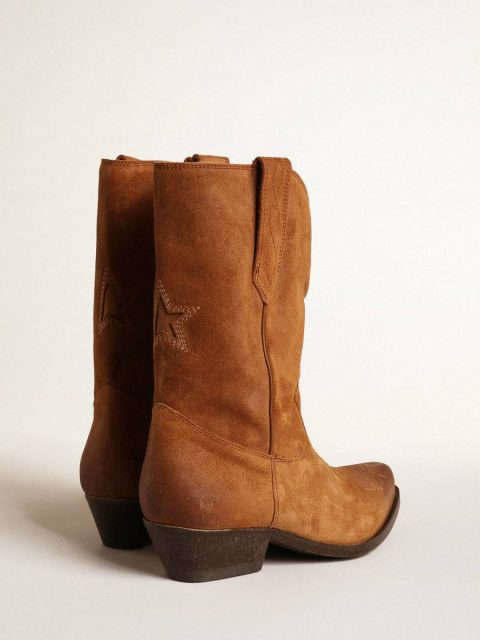 Women Golden Goose Low Wish Star Boots In Cognac-Colored Suede With Inlay Star Boots - Image 4