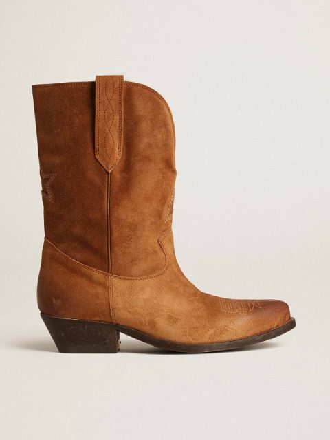 Women Golden Goose Low Wish Star Boots In Cognac-Colored Suede With Inlay Star Boots
