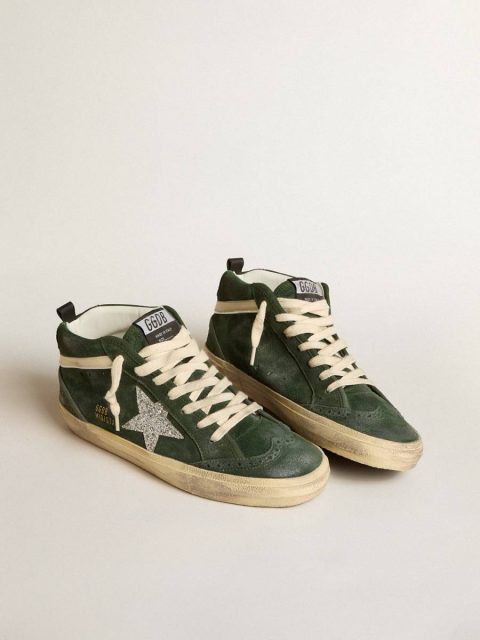 Women Golden Goose Mid Star In Green Suede With Silver Glitter Star And Leather Flash Mid Star - Image 2