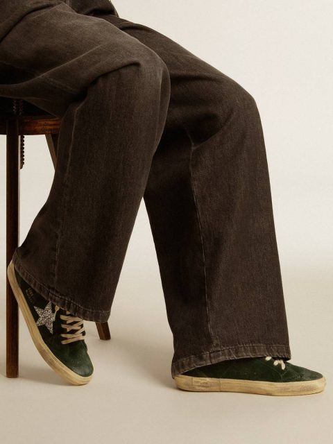 Women Golden Goose Mid Star In Green Suede With Silver Glitter Star And Leather Flash Mid Star - Image 3