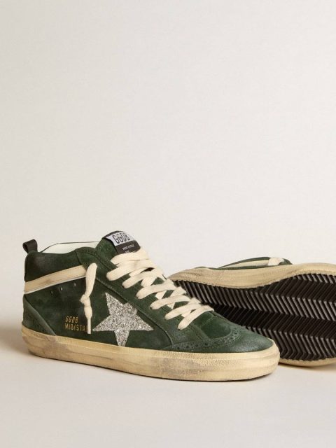 Women Golden Goose Mid Star In Green Suede With Silver Glitter Star And Leather Flash Mid Star - Image 4