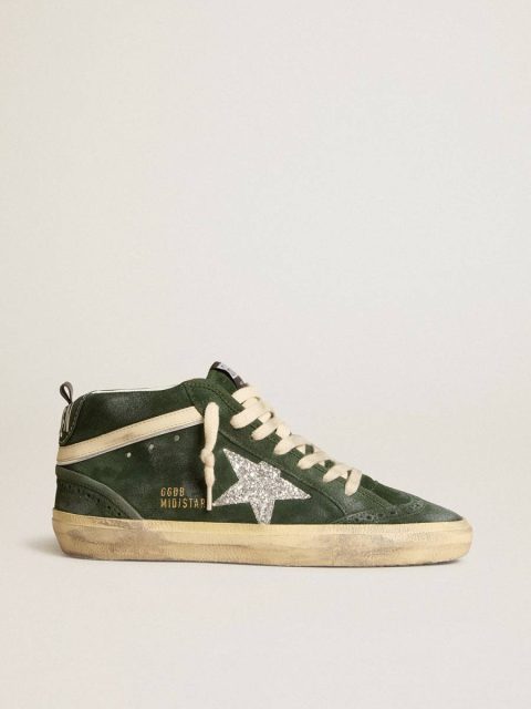 Women Golden Goose Mid Star In Green Suede With Silver Glitter Star And Leather Flash Mid Star