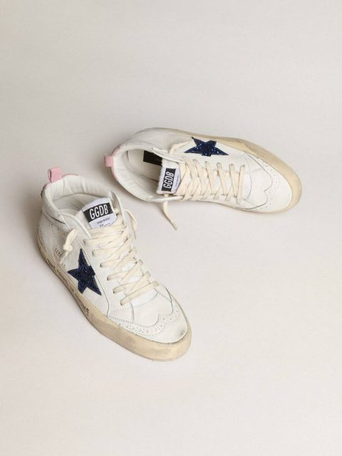 Women Golden Goose Mid Star With Blue Glitter Star And Pink Suede Heel Tab Mid Star - Image 2