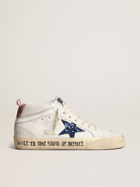 Women Golden Goose Mid Star With Blue Glitter Star And Pink Suede Heel Tab Mid Star