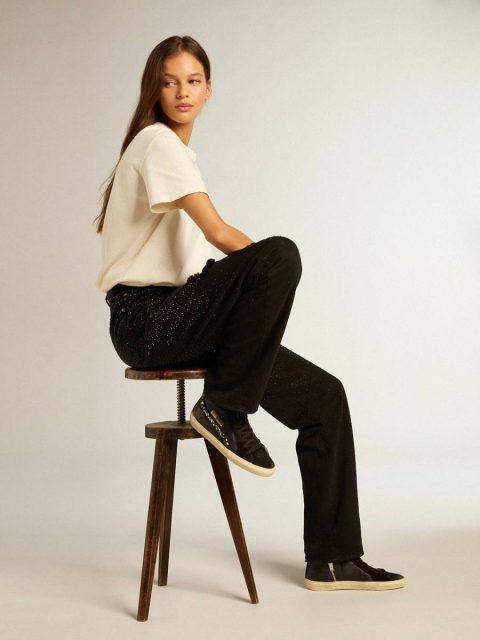 Women Golden Goose Slide In Leather With Black Star And Swarovski Crystal Flash Slide - Image 3