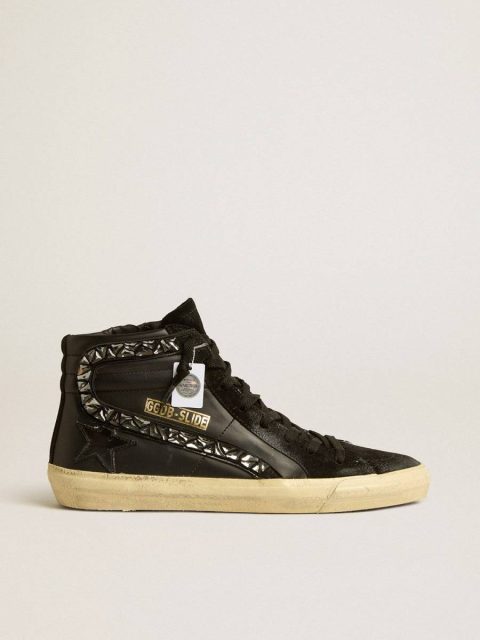 Women Golden Goose Slide In Leather With Black Star And Swarovski Crystal Flash Slide
