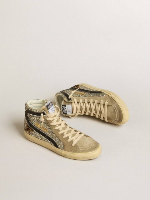 Women Golden Goose Slide In Platinum Glitter With Leopard-Print Pony Skin Star And Black Flash Slide - Image 2