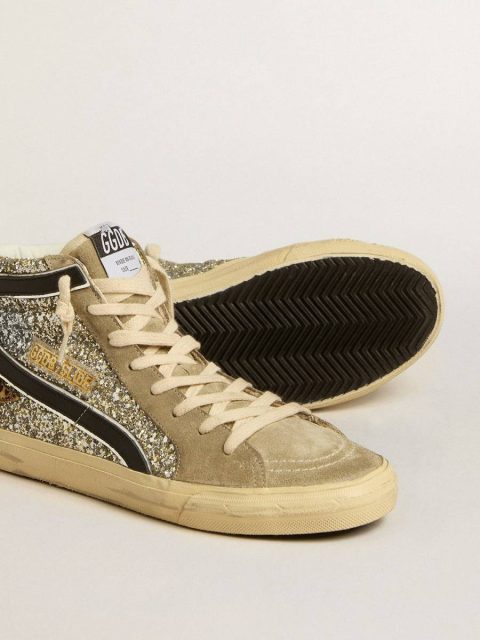 Women Golden Goose Slide In Platinum Glitter With Leopard-Print Pony Skin Star And Black Flash Slide - Image 3