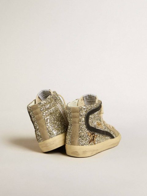 Women Golden Goose Slide In Platinum Glitter With Leopard-Print Pony Skin Star And Black Flash Slide - Image 4