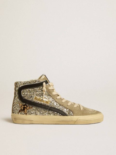 Women Golden Goose Slide In Platinum Glitter With Leopard-Print Pony Skin Star And Black Flash Slide