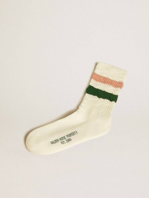 Women Golden Goose Socks Worn-White Socks With Distressed Details And Pink And Green Stripes Worn White