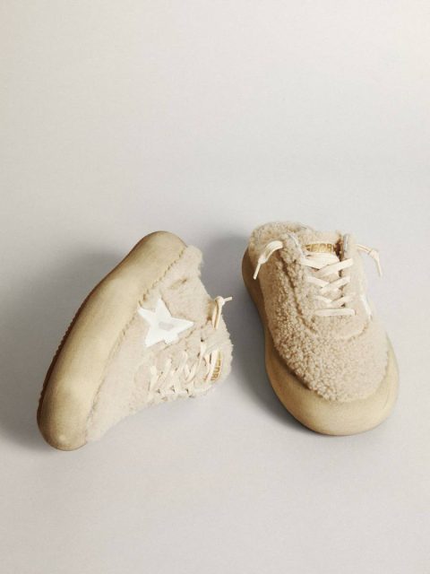 Women Golden Goose Space-Star Women’s Space-Star Sabots In Beige Shearling With White Leather Star - Image 2