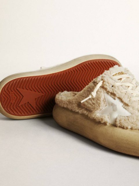 Women Golden Goose Space-Star Women’s Space-Star Sabots In Beige Shearling With White Leather Star - Image 4