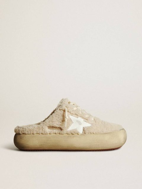 Women Golden Goose Space-Star Women’s Space-Star Sabots In Beige Shearling With White Leather Star