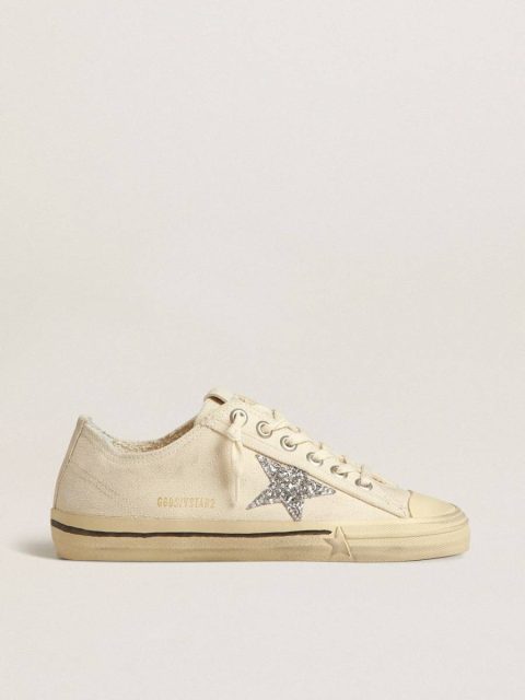 Women Golden Goose V-Star V-Star In Beige Canvas With A Silver Glitter Star