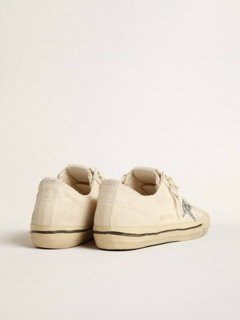 Women Golden Goose V-Star V-Star In Beige Canvas With A Silver Glitter Star - Image 5